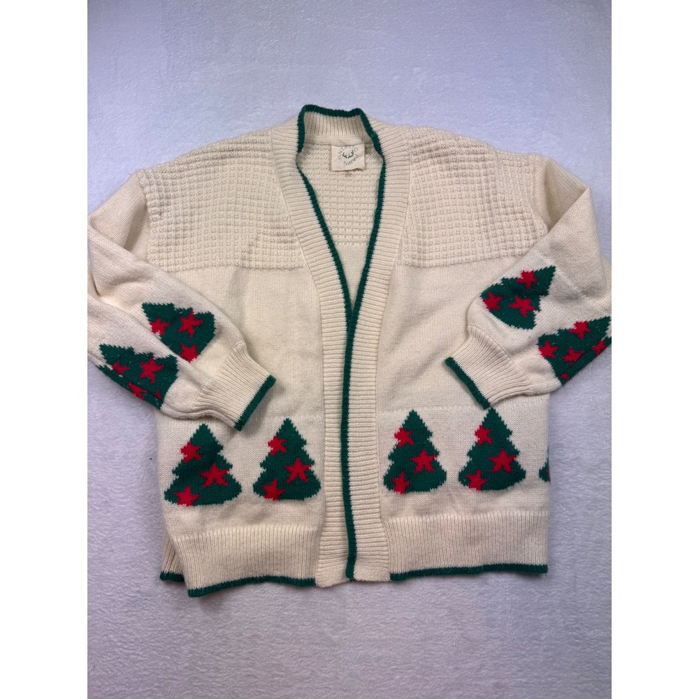 Fantastic Fawn Christmas Tree Cardigan Sweater Cream Green Red Small